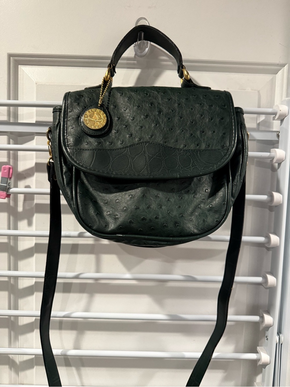 Vintage Dark Green Ostrich Crossbody Satchel with Gold Accent Michael Stevens